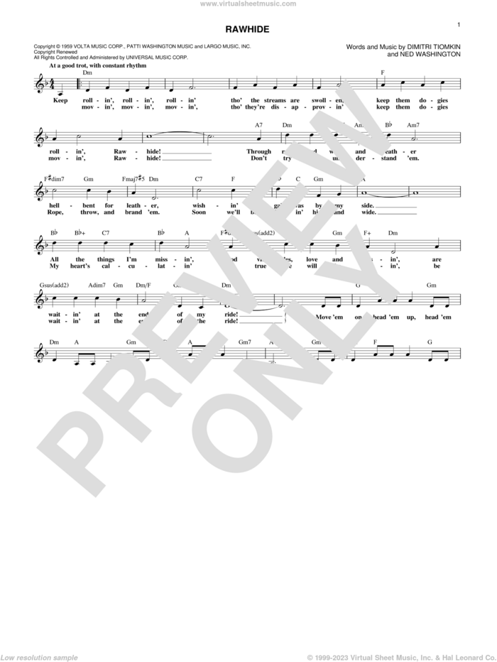 Rawhide sheet music for voice and other instruments (fake book) by Dimitri Tiomkin and Ned Washington, intermediate skill level