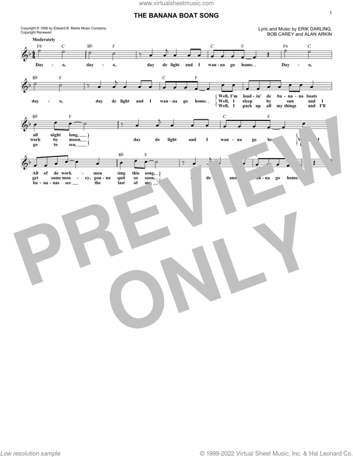 The Banana Boat Song sheet music for voice and other instruments (fake book) by Steve Lawrence, Tarriers, Alan Arkin, Bob Carey and Erik Darling, intermediate skill level