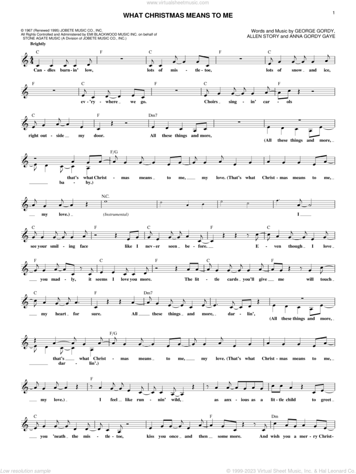 What Christmas Means To Me sheet music for voice and other instruments (fake book) by Allen Story, Anna Gordy Gaye and George Gordy, intermediate skill level