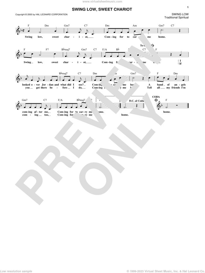 Swing Low, Sweet Chariot sheet music for voice and other instruments (fake book), intermediate skill level