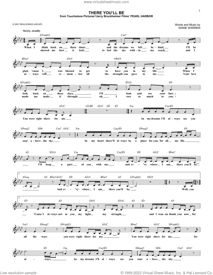There You'll Be sheet music for voice and other instruments (fake book) by Faith Hill and Diane Warren, intermediate skill level