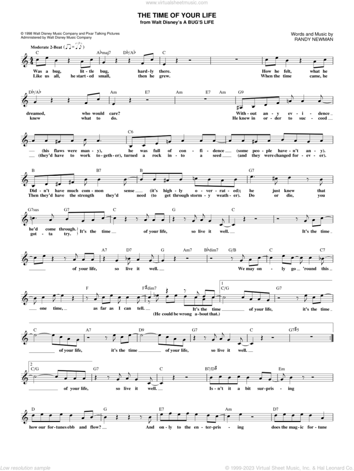 The Time Of Your Life (from A Bug's Life) sheet music for voice and other instruments (fake book) by Randy Newman, intermediate skill level