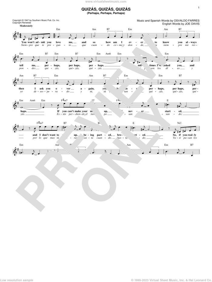 Quizas, Quizas, Quizas (Perhaps, Perhaps, Perhaps) sheet music for voice and other instruments (fake book) by Joe Davis and Osvaldo Farres, intermediate skill level