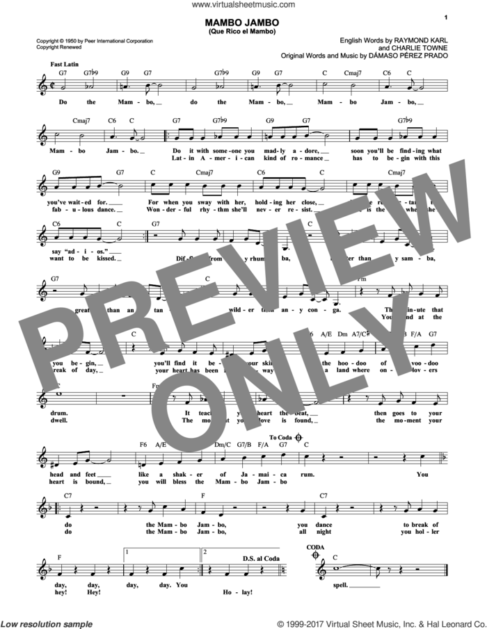 Mambo Jambo (Que Rico El Mambo) sheet music for voice and other instruments (fake book) by Dave Barbour, Charlie Towne, Damaso Perez Prado and Raymond Karl, intermediate skill level