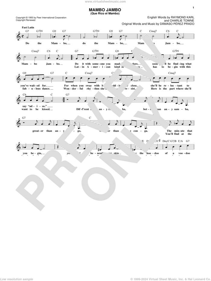 Mambo Jambo (Que Rico El Mambo) sheet music for voice and other instruments (fake book) by Dave Barbour, Charlie Towne, Damaso Perez Prado and Raymond Karl, intermediate skill level