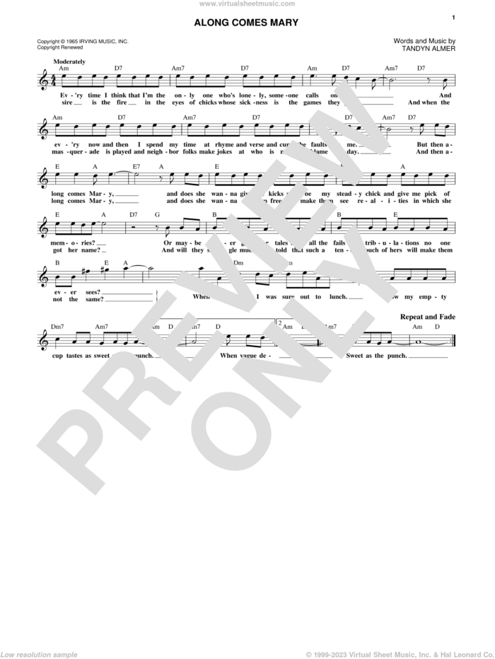 Along Comes Mary sheet music for voice and other instruments (fake book) by The Association and Tandyn Almer, intermediate skill level