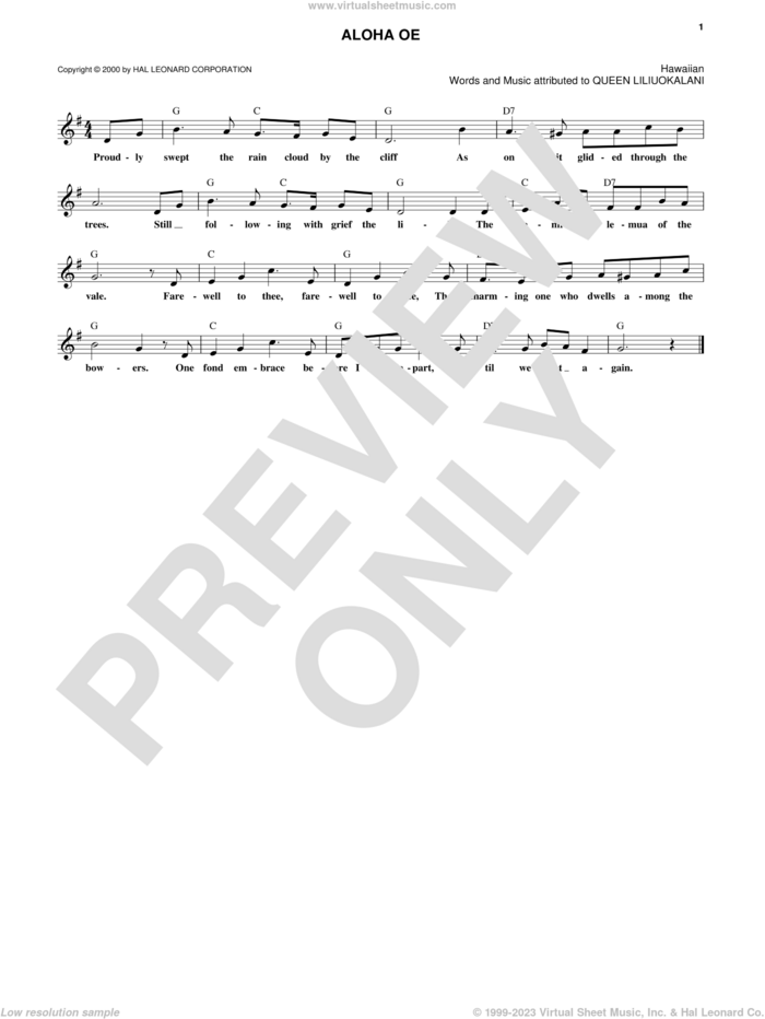 Aloha Oe sheet music for voice and other instruments (fake book) by Queen Liliuokalani, intermediate skill level