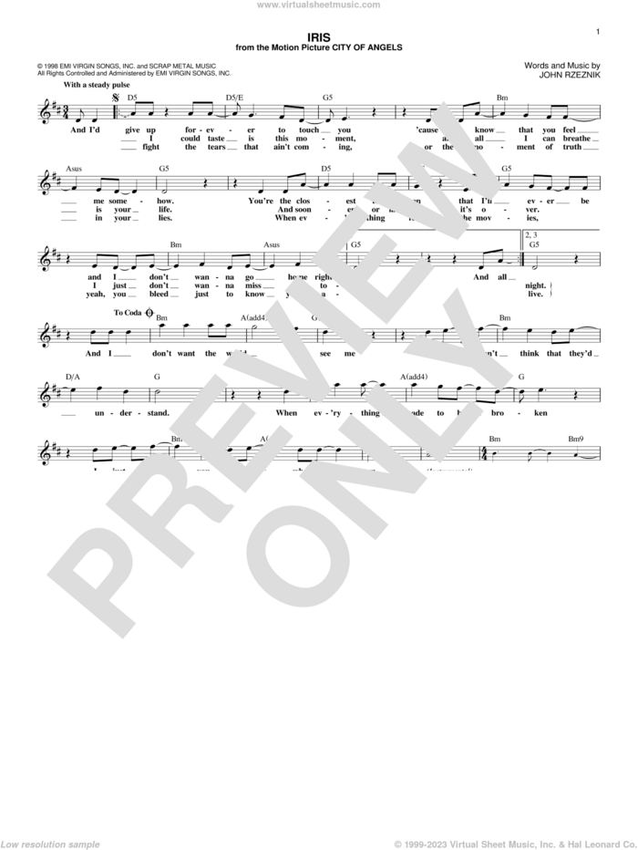 Iris sheet music for voice and other instruments (fake book) by Goo Goo Dolls and John Rzeznik, intermediate skill level