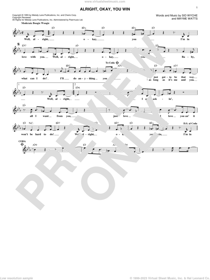 Alright, Okay, You Win sheet music for voice and other instruments (fake book) by Peggy Lee, Mayme Watts and Sid Wyche, intermediate skill level