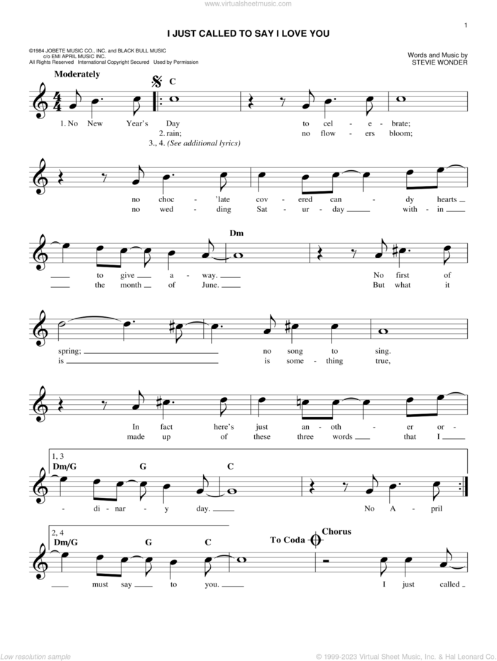 I Just Called To Say I Love You sheet music for voice and other instruments (fake book) by Stevie Wonder, easy skill level