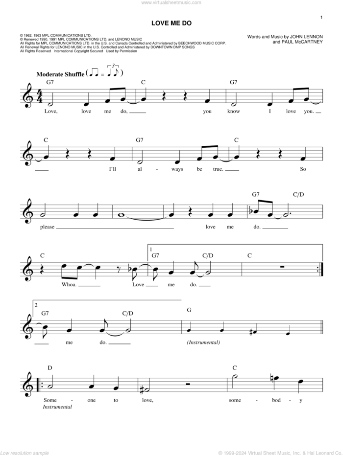 Love Me Do sheet music for voice and other instruments (fake book) by The Beatles, John Lennon and Paul McCartney, easy skill level