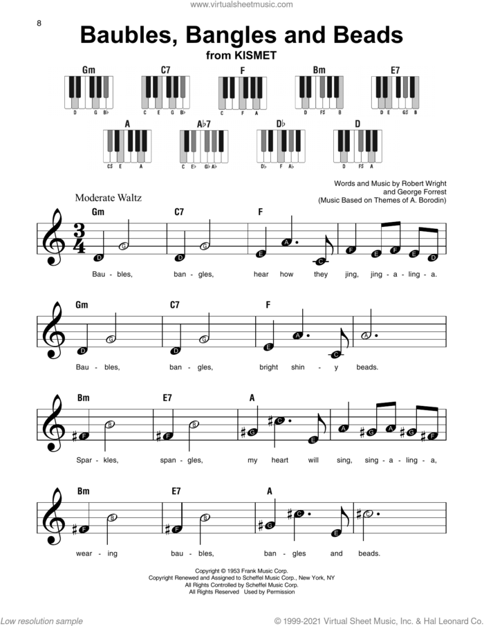 Baubles, Bangles And Beads sheet music for piano solo by Robert Wright, Kirby Stone Four and George Forrest, beginner skill level