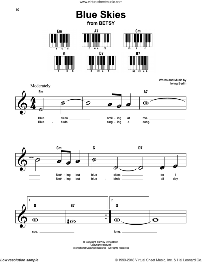 Blue Skies sheet music for piano solo by Irving Berlin, beginner skill level