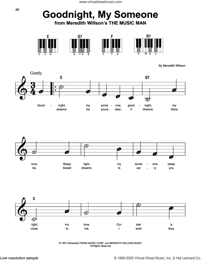 Goodnight, My Someone sheet music for piano solo by Meredith Willson, beginner skill level