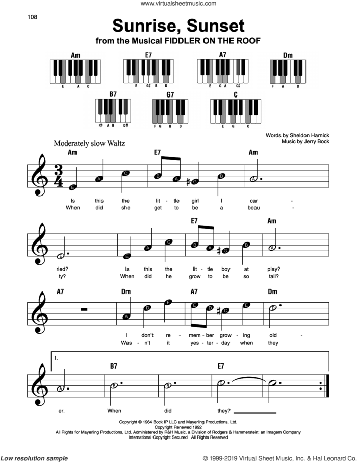 Sunrise, Sunset sheet music for piano solo by Jerry Bock and Sheldon Harnick, beginner skill level
