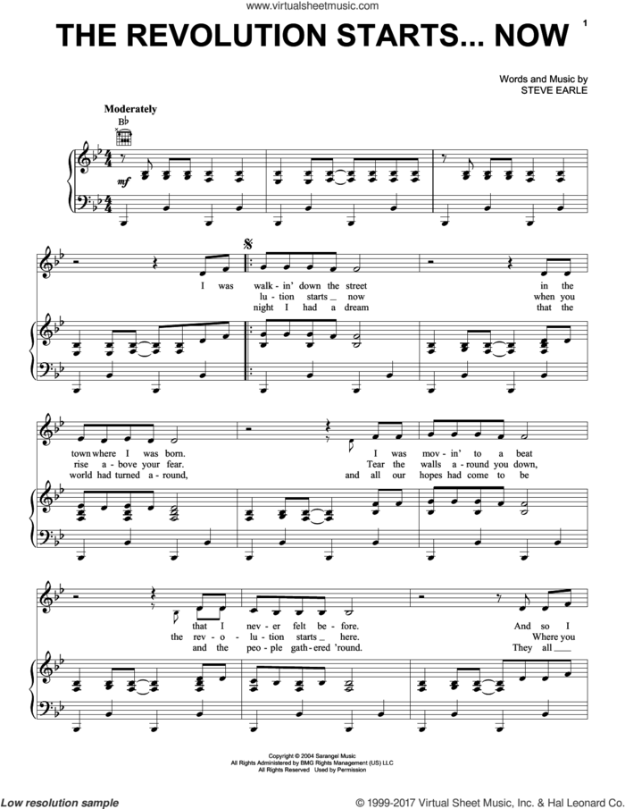 The Revolution Starts... Now sheet music for voice, piano or guitar by Steve Earle, intermediate skill level