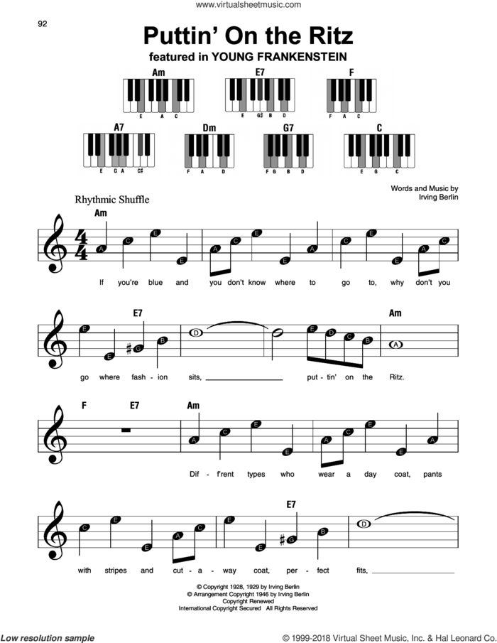 Puttin' On The Ritz sheet music for piano solo by Irving Berlin, beginner skill level