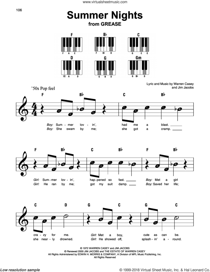 Summer Nights sheet music for piano solo by Jim Jacobs and Warren Casey, beginner skill level