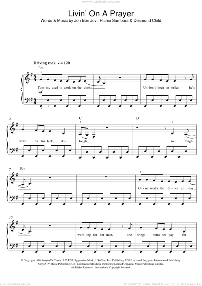 Livin' On A Prayer sheet music for piano solo (beginners) by Bon Jovi, beginner piano (beginners)