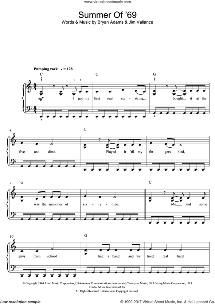 Summer Of '69 sheet music for piano solo (beginners) by Bryan Adams, beginner piano (beginners)