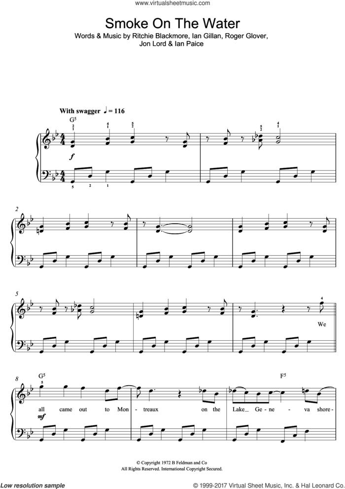 Smoke On The Water sheet music for piano solo (beginners) by Deep Purple, Ian Gillan, Ian Paice, Jon Lord, Ritchie Blackmore and Roger Glover, beginner piano (beginners)