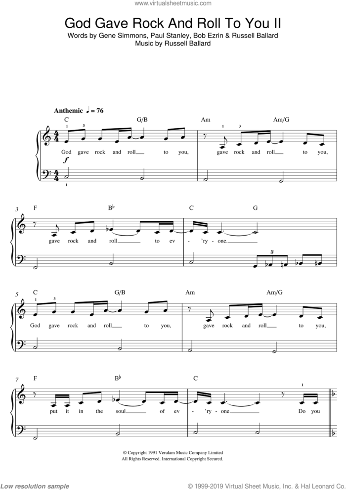 God Gave Rock And Roll To You II sheet music for piano solo (beginners) by KISS and Russ Ballard, beginner piano (beginners)