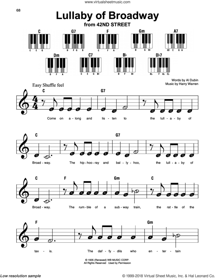 Lullaby Of Broadway sheet music for piano solo by Harry Warren and Al Dubin, beginner skill level