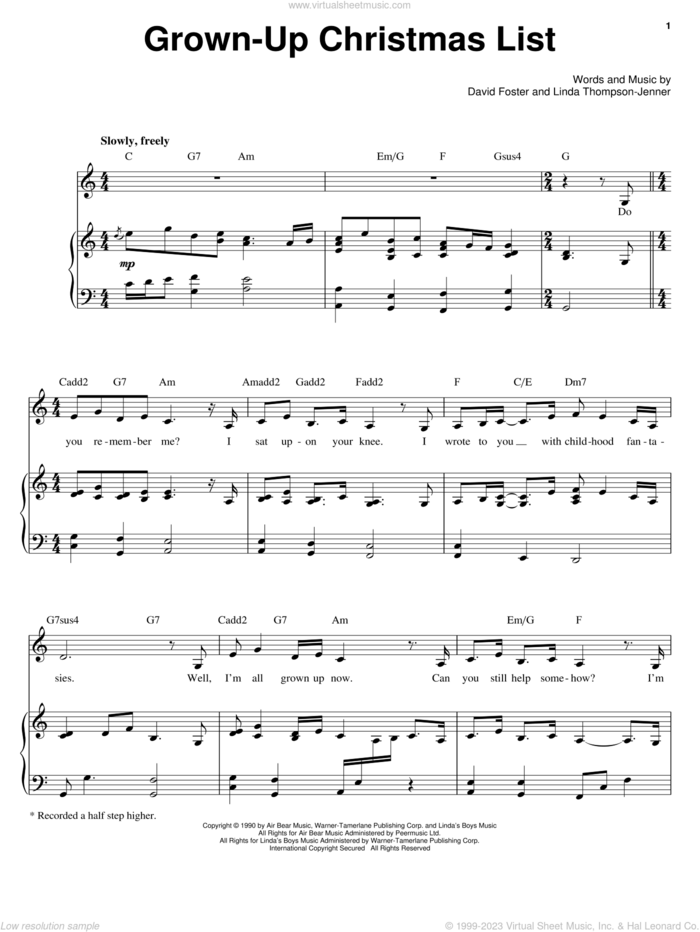 Grown-Up Christmas List sheet music for voice, piano or guitar by Barbra Streisand, Amy Grant, David Foster and Linda Thompson-Jenner, intermediate skill level
