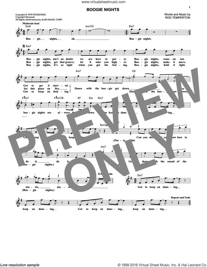 Boogie Nights sheet music for voice and other instruments (fake book) by Heatwave and Rod Temperton, intermediate skill level