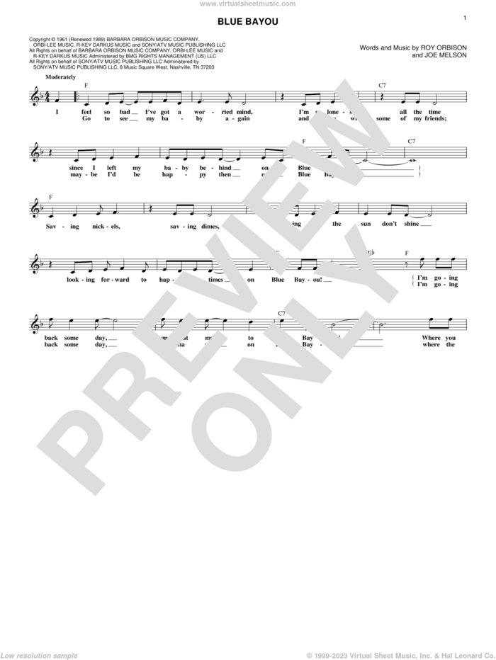 Blue Bayou sheet music for voice and other instruments (fake book) by Roy Orbison, Joe Melson and Linda Ronstadt, intermediate skill level