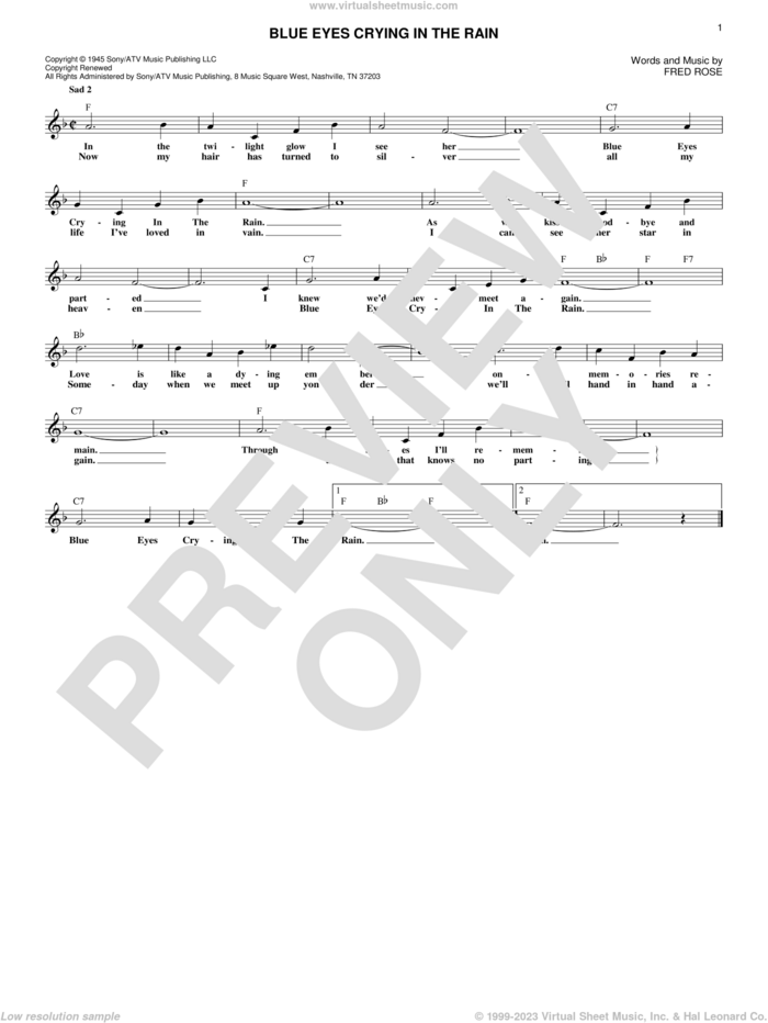 Blue Eyes Crying In The Rain sheet music for voice and other instruments (fake book) by Willie Nelson, Elvis Presley and Fred Rose, intermediate skill level