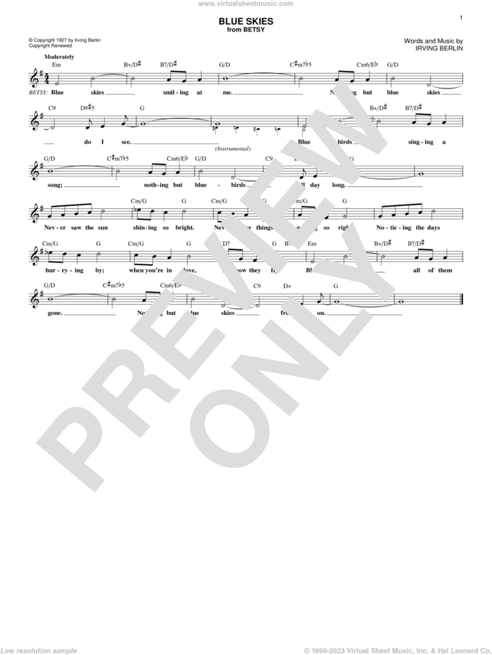 Blue Skies sheet music for voice and other instruments (fake book) by Irving Berlin and Willie Nelson, intermediate skill level