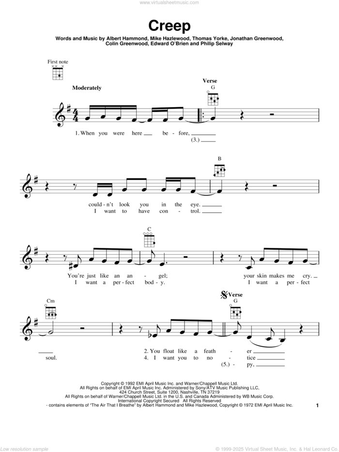 Creep sheet music for ukulele by Radiohead, Albert Hammond, Colin Greenwood, Jonathan Greenwood, Michael Hazlewood, Philip Selway and Thom Yorke, intermediate skill level