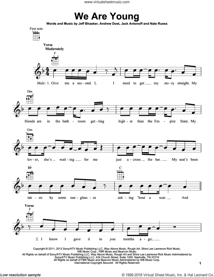 We Are Young sheet music for ukulele by fun. featuring Janelle Monae, Andrew Dost, Jack Antonoff, Jeff Bhasker and Nate Ruess, intermediate skill level