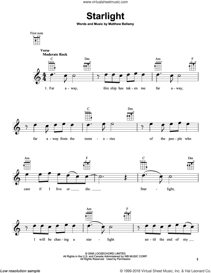 Starlight sheet music for ukulele by Muse and Matthew Bellamy, intermediate skill level