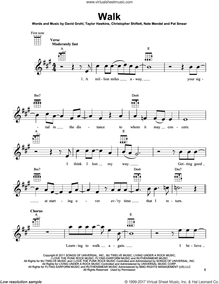 Walk sheet music for ukulele by Foo Fighters, Christopher Shiflett, Dave Grohl, Nate Mendel, Pat Smear and Taylor Hawkins, intermediate skill level