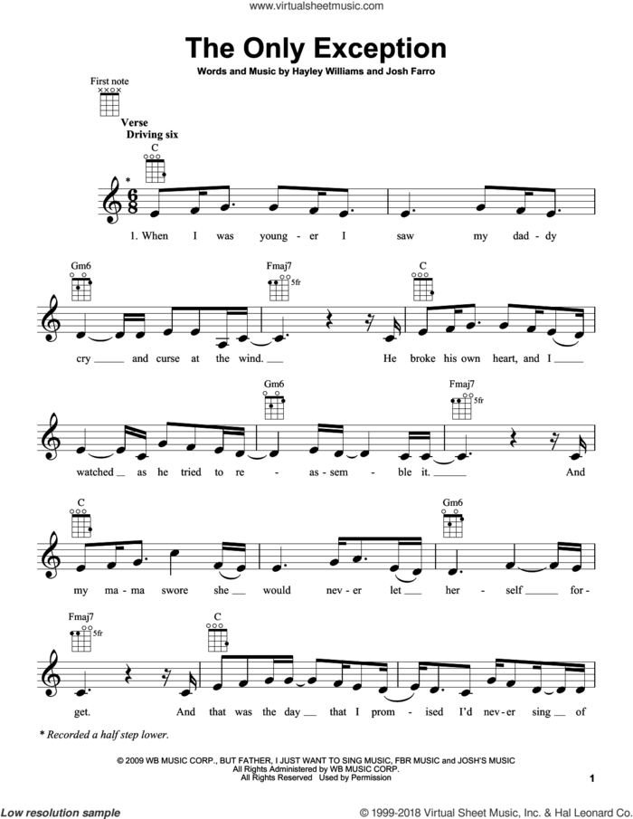The Only Exception sheet music for ukulele by Paramore, Hayley Williams and Josh Farro, intermediate skill level