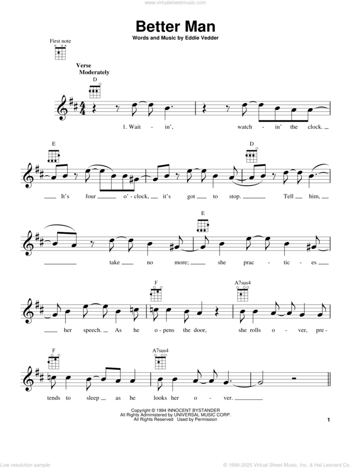 Better Man sheet music for ukulele by Pearl Jam and Eddie Vedder, intermediate skill level