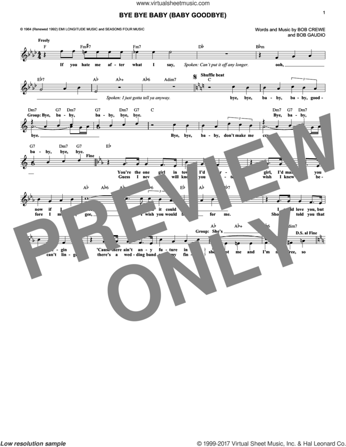 Bye Bye Baby (Baby Goodbye) sheet music for voice and other instruments (fake book) by The Four Seasons, Bob Crewe and Bob Gaudio, intermediate skill level