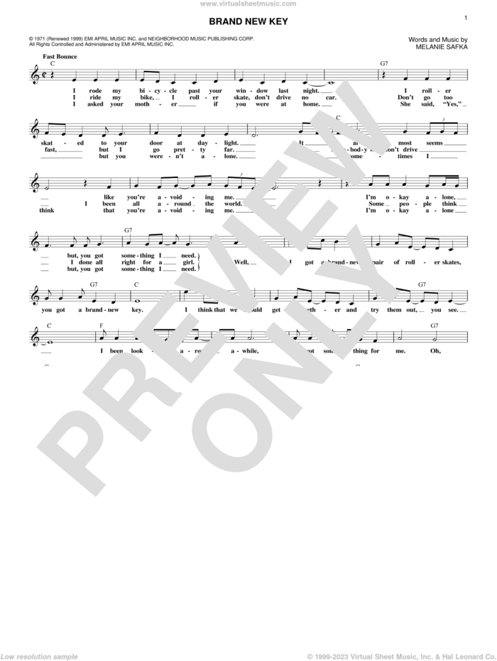 Brand New Key sheet music for voice and other instruments (fake book) by Melanie and Melanie Safka, intermediate skill level