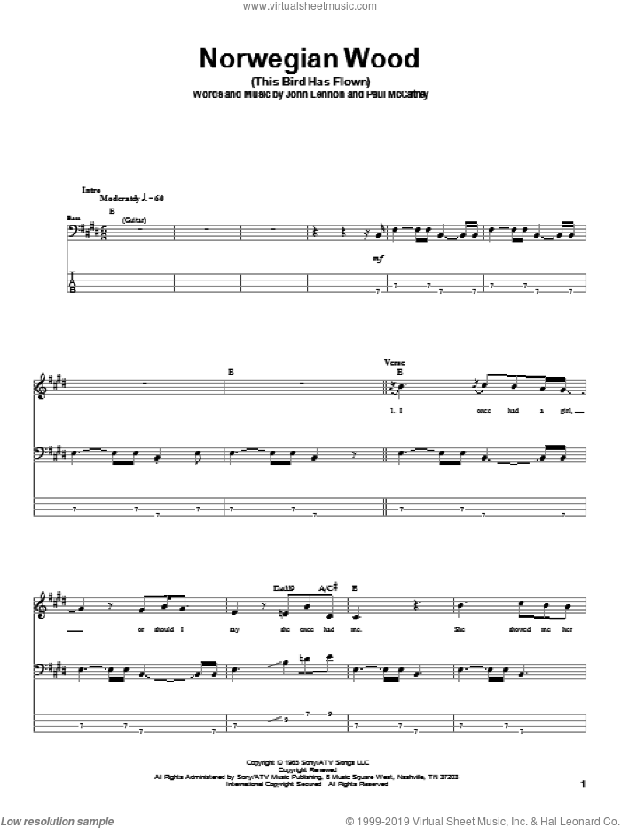 Norwegian Wood (This Bird Has Flown) sheet music for bass (tablature) (bass guitar) by The Beatles, John Lennon and Paul McCartney, intermediate skill level