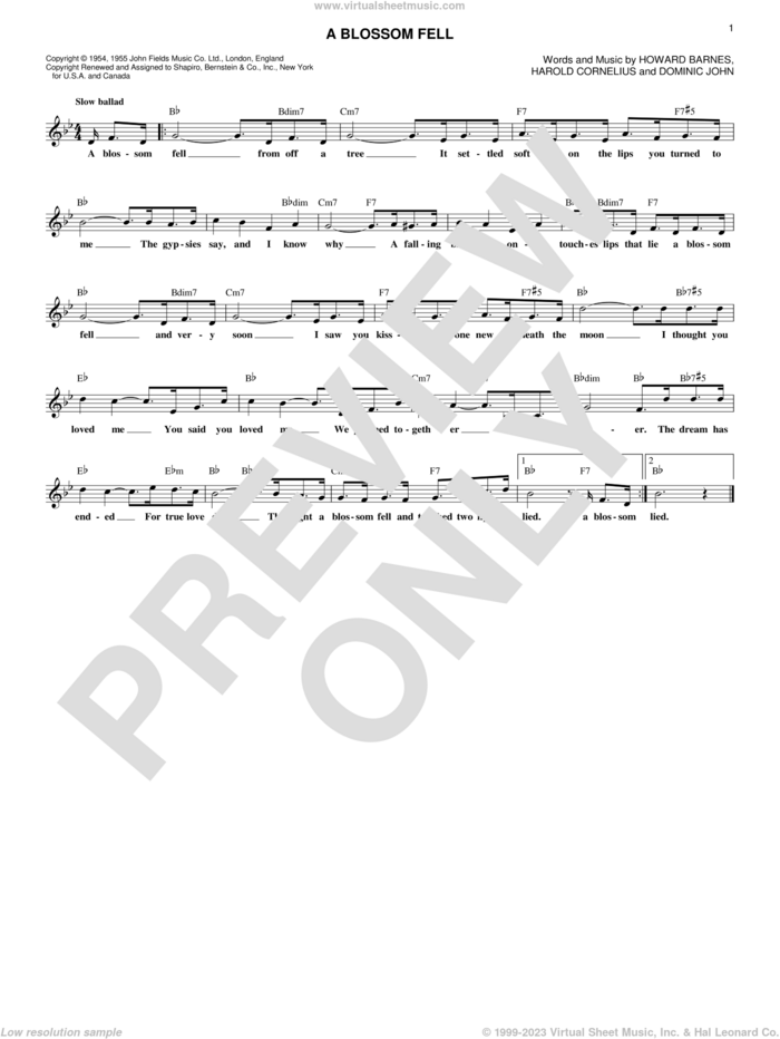 A Blossom Fell sheet music for voice and other instruments (fake book) by Harold Cornelius, Diana Krall, Nat King Cole, Dominic John and Howard Barnes, intermediate skill level