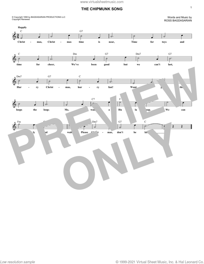 The Chipmunk Song sheet music for voice and other instruments (fake book) by Alvin And The Chipmunks, The Chipmunks and Ross Bagdasarian, intermediate skill level