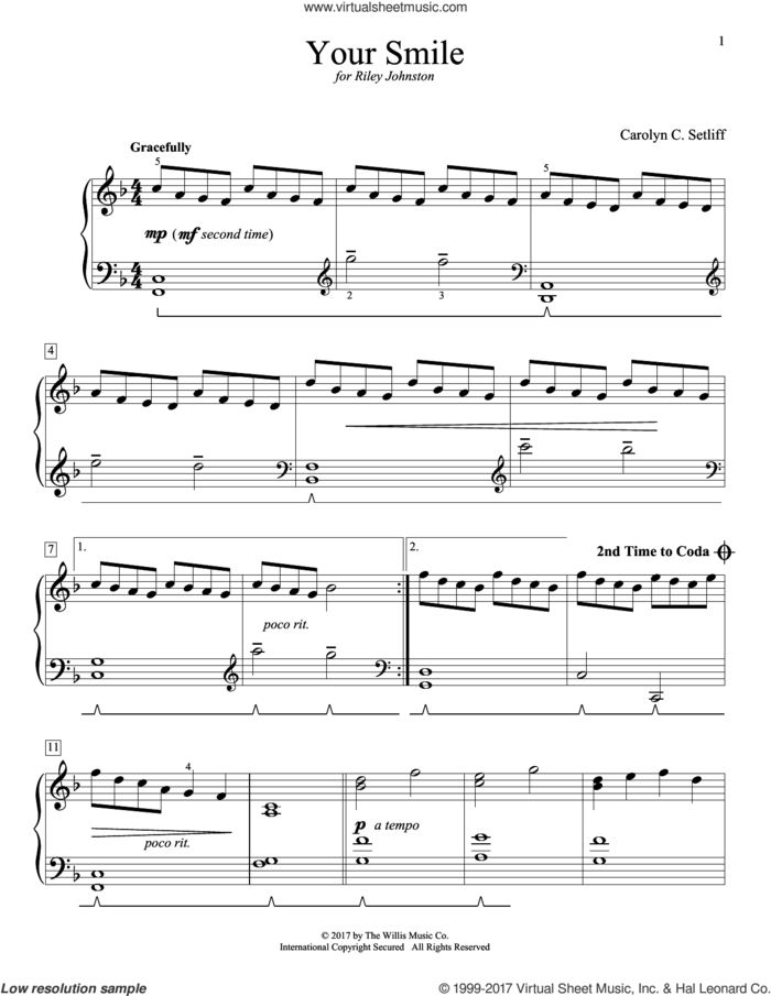 Your Smile sheet music for piano solo (elementary) by Carolyn C. Setliff, beginner piano (elementary)