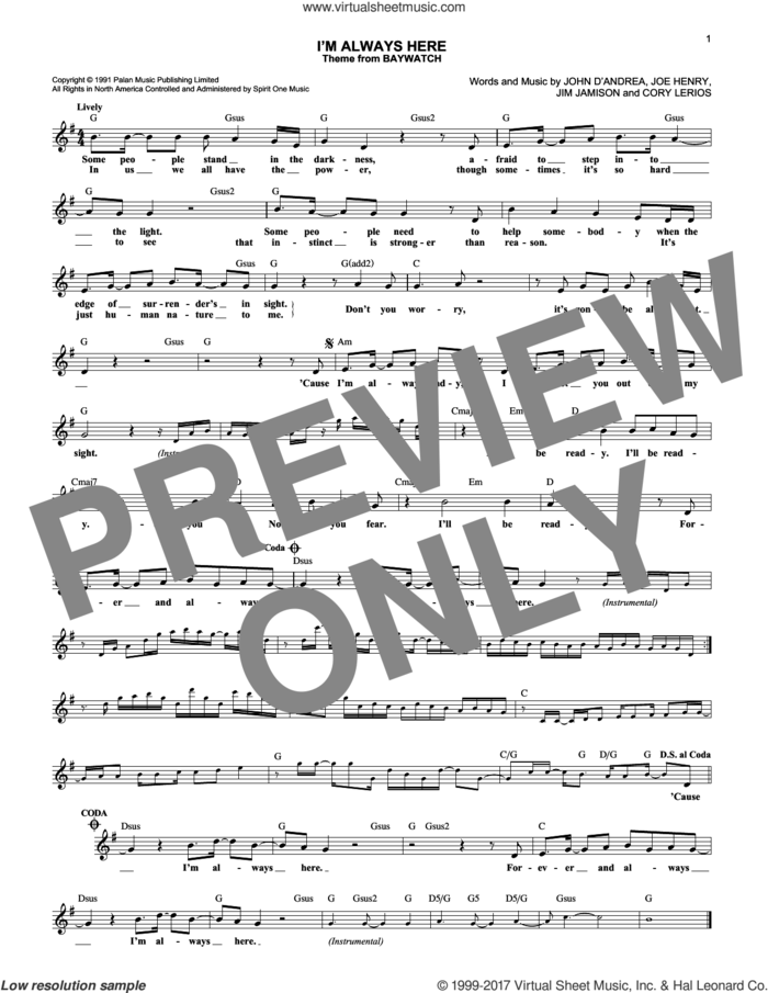 I'm Always Here sheet music for voice and other instruments (fake book) by John D'Andrea, Cory Lerios, Jim Jamison and Joe Henry, intermediate skill level