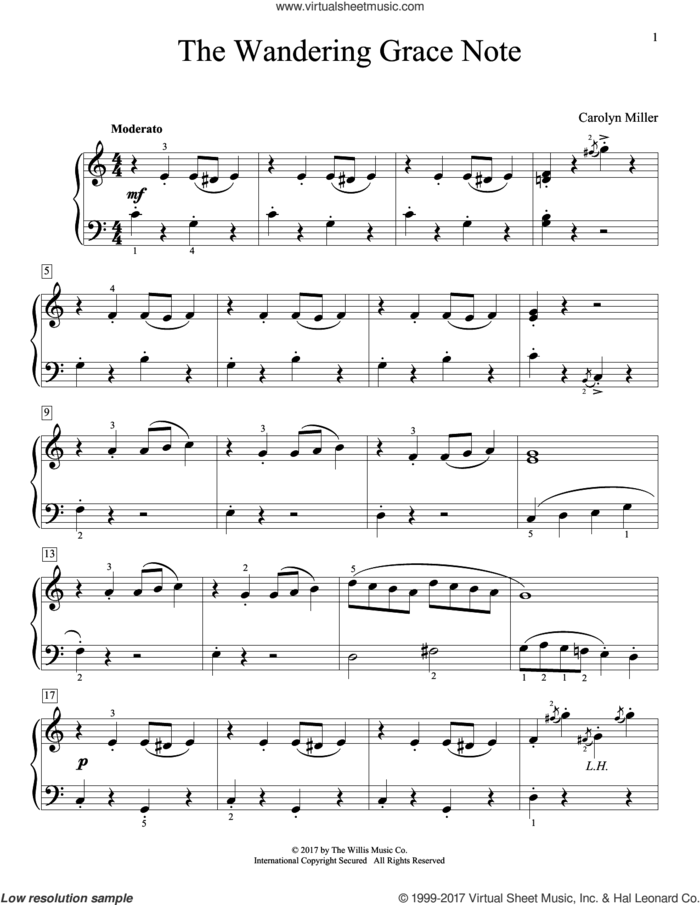 The Wandering Grace Note sheet music for piano solo (elementary) by Carolyn Miller, beginner piano (elementary)