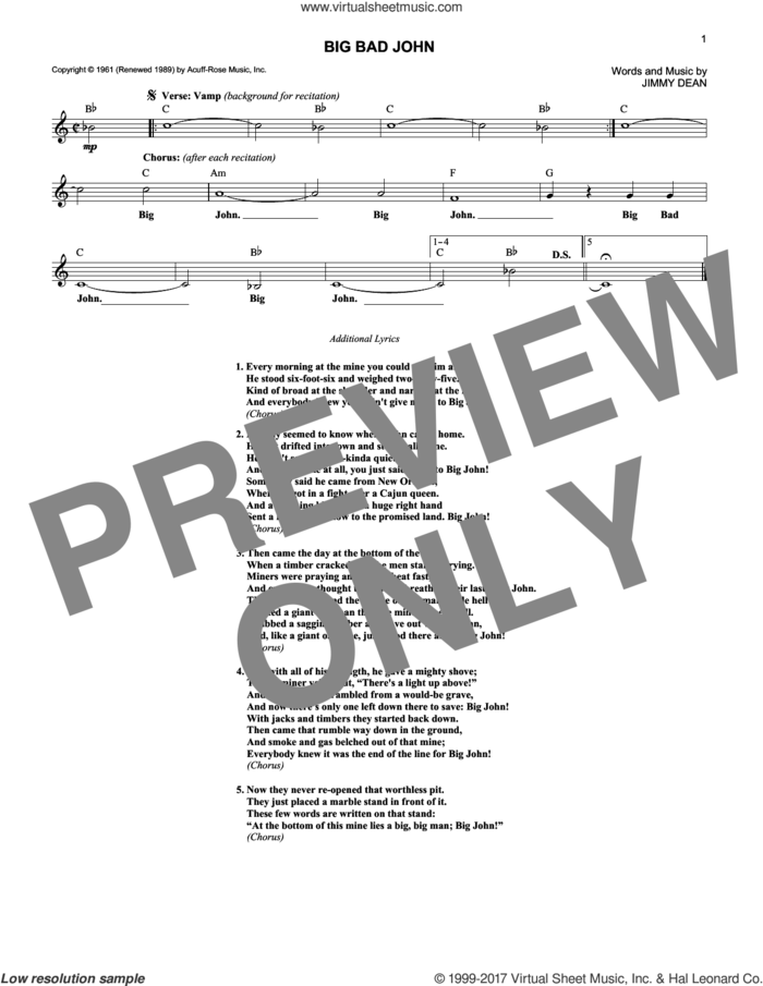 Big Bad John sheet music for voice and other instruments (fake book) by Jimmy Dean, intermediate skill level