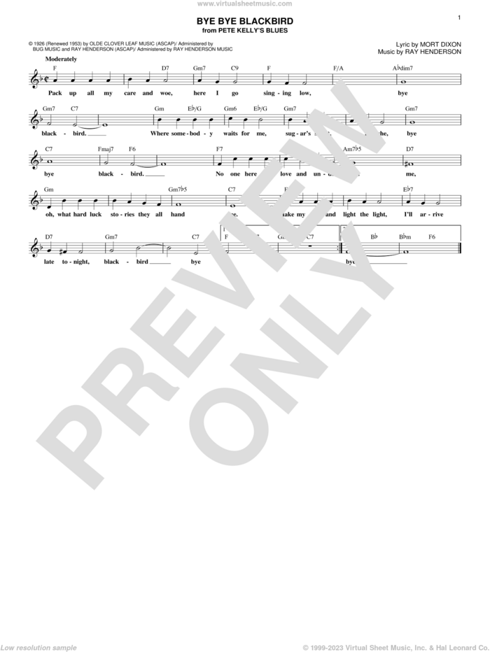 Bye Bye Blackbird sheet music for voice and other instruments (fake book) by Ray Henderson and Mort Dixon, intermediate skill level