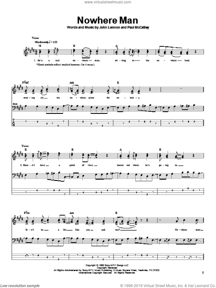 Nowhere Man sheet music for bass (tablature) (bass guitar) by The Beatles, John Lennon and Paul McCartney, intermediate skill level
