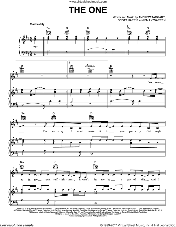 The One sheet music for voice, piano or guitar by The Chainsmokers, Andrew Taggart, Emily Schwartz and Scott Harris, intermediate skill level